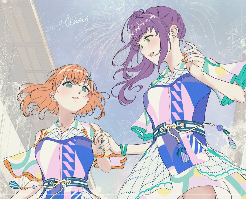 2girls aerial_fireworks aqua_eyes blue_dress breasts cerise_bouquet collared_dress commentary_request cowboy_shot crossed_bangs dress eye_contact fireworks floating_hair genyo_yako green_eyes green_nails hair_ornament hairclip highres hinoshita_kaho holding_hands kuzia_(atarayo) link!_like!_love_live! long_hair looking_at_another love_live! medium_breasts medium_hair multiple_girls nail_polish night open_mouth orange_hair orange_nails otomune_kozue outdoors purple_hair short_sleeves side_ponytail sidelocks two_side_up virtual_youtuber