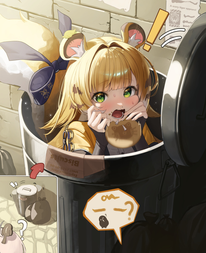 2girls absurdres animal animal_ear_fluff animal_ears animal_on_head bird bird_on_head black_bird black_sleeves blonde_hair blue_bow blush bow bread character_request commentary_request food green_eyes highres in_container in_trash_can jacket ju_fufu multiple_girls on_head open_mouth pink_hair sagatin shirt sleeves_past_wrists tail tail_bow tail_ornament tiger_ears tiger_girl tiger_tail trash_can white_shirt yellow_jacket zenless_zone_zero