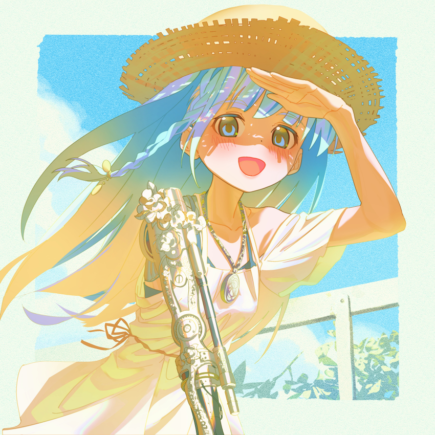 1girl :d absurdres blonde_hair blue_eyes blue_hair blue_sky braid commentary day dress english_commentary flower gradient_hair hat highres jdge jewelry light_blush long_hair looking_at_viewer mechanical_arms mixed-language_commentary multicolored_hair necklace open_mouth original outdoors prosthesis shading_eyes short_sleeves side_braid single_braid single_mechanical_arm sky smile solo straw_hat sundress white_dress