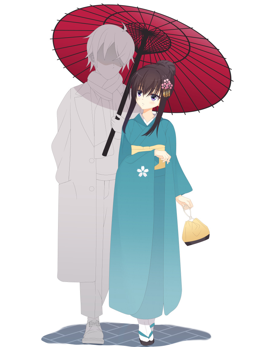 1boy 1girl absurdres alternate_costume arm_at_side blue_kimono blush cherry_blossom_print commentary faceless faceless_male floral_print full_body furisode hair_between_eyes hair_bun hair_ornament hand_up hatsumoude highres incredibly_absurdres japanese_clothes kanzashi kaon_zz kimono long_hair long_sleeves looking_at_another new_year nijouin_hazuki oil-paper_umbrella parted_lips purple_eyes red_umbrella riddle_joker side-by-side sidelocks simple_background single_hair_bun solo_focus standing tabi tsurime umbrella under_umbrella upturned_eyes white_background wide_sleeves