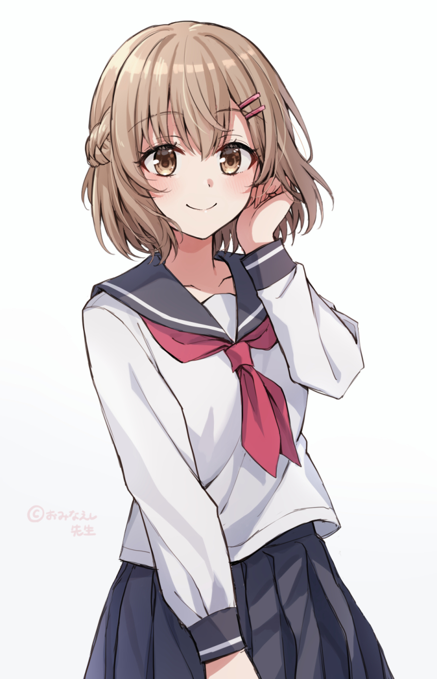 1girl black_sailor_collar black_skirt blush braid breasts brown_eyes brown_hair closed_mouth collarbone copyright_request grey_background hair_between_eyes hair_ornament hairclip highres long_sleeves looking_at_viewer neckerchief pleated_skirt puffy_long_sleeves puffy_sleeves red_neckerchief sailor_collar school_uniform serafuku shirt short_hair simple_background skirt small_breasts smile solo somechime_(sometime1209) translation_request white_shirt