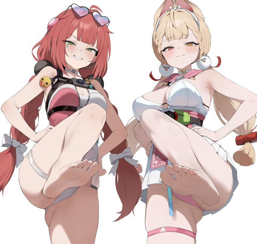 2girls :3 absurdres ahoge alice_thymefield alice_thymefield_(sea_of_thyme) animal_ears armpits bare_arms bare_legs bare_shoulders barefoot bikini bikini_under_clothes blonde_hair braid breasts choker cleavage closed_mouth commentary cowboy_shot dress eyewear_on_headwear feet foot_focus green_eyes grin hands_on_own_hips heart heart-shaped_eyewear heterochromia highres large_breasts leg_up long_hair looking_at_viewer low_twintails medium_breasts multiple_girls official_alternate_costume one-piece_swimsuit pink_bikini pink_one-piece_swimsuit presenting_foot rabbit_ears red_eyes red_hair redshark_(t373412) short_dress simple_background skindentation smile smug soles standing standing_on_one_leg sunglasses swimsuit thigh_strap thighs toes twin_braids twintails two-tone_one-piece_swimsuit ukinami_yuzuha ukinami_yuzuha_(tanuki_in_broad_daylight) v-shaped_eyebrows very_long_hair white_background white_choker white_dress yellow_eyes zenless_zone_zero