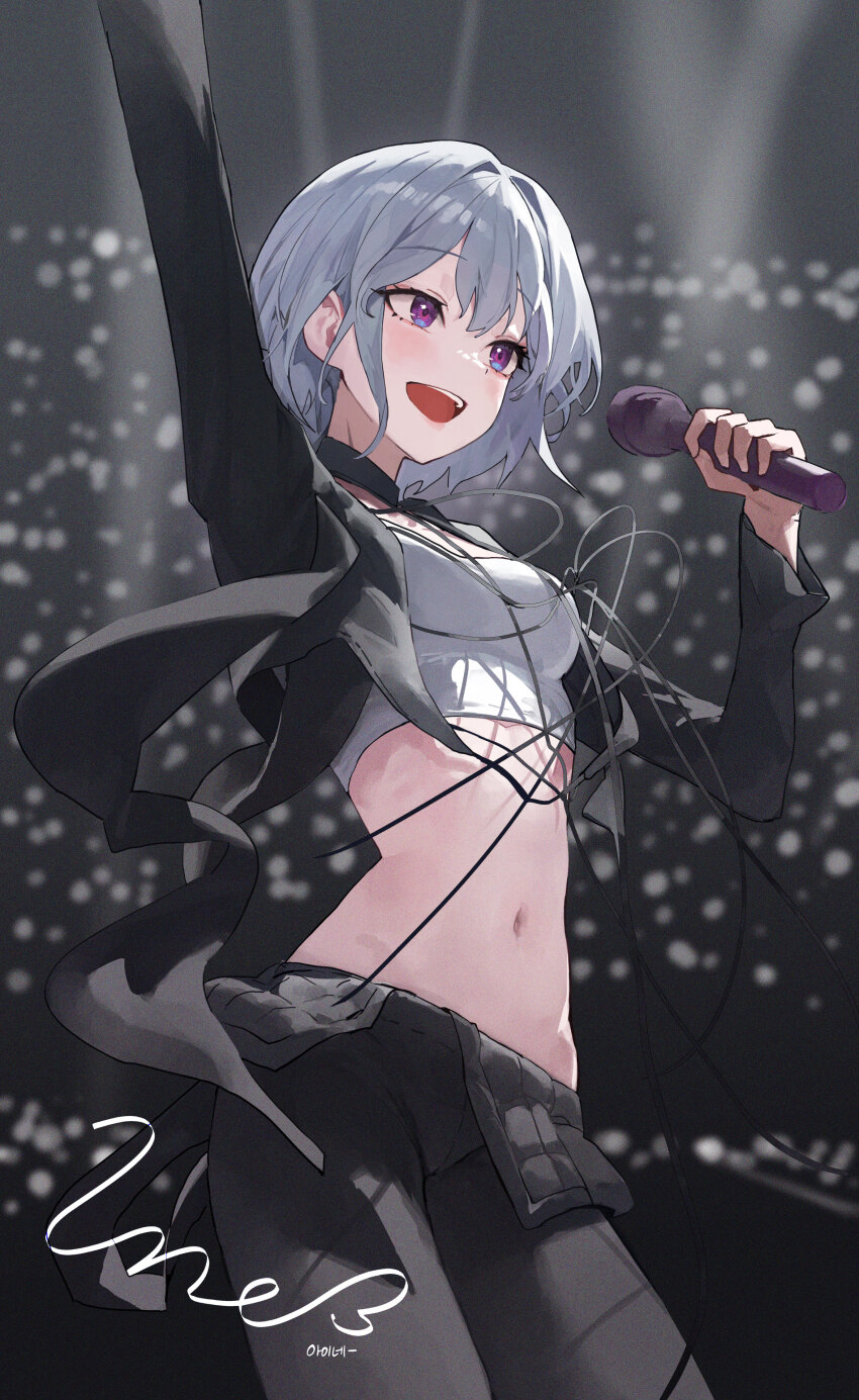 1girl absurdres arm_up black_jacket black_pants blurry blurry_background breasts commentary crop_top hand_up highres holding holding_microphone ine_(vtuber) jacket long_sleeves mac_star medium_breasts microphone midriff navel open_clothes open_jacket pants purple_eyes shirt short_hair solo stomach virtual_youtuber waktaverse white_hair white_shirt