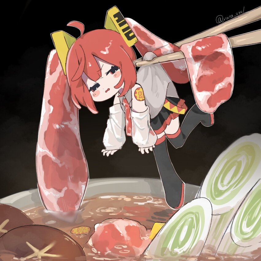 1girl ahoge bag black_background black_footwear black_skirt blush_stickers boots chopsticks collared_shirt commentary food food-themed_clothes food-themed_hair frown grey_shirt hair_ornament half-closed_eyes hatsune_miku highres holding holding_chopsticks holding_with_chopsticks label long_hair looking_to_the_side meat mini_person minigirl miniskirt miso_soup mushroom necktie niku_miku_(nankai) onion plastic_bag raw_meat red_hair red_necktie see-through_clothes see-through_sleeves shiitake shirt skirt sleeveless sleeveless_shirt thigh_boots twintails twitter_username very_long_hair vocaloid yuta_2341