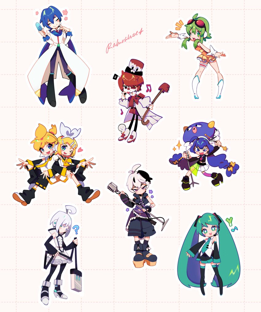 &gt;_o 4boys 5girls :d :o :p ;d ? ^_^ absurdres ahoge artist_name bandaid bandaid_on_face bandaid_on_nose belt_collar black_collar black_footwear black_gloves black_hair black_leg_warmers black_pants black_shorts black_skirt black_sleeves blonde_hair blue_eyes blue_hair blue_hat blue_scarf blush blush_stickers boots bow bow_hairband bright_pupils brother_and_sister cane closed_eyes coat collar collared_shirt colored_eyelashes commentary detached_sleeves english_commentary fang flower flower_(vocaloid) flower_(vocaloid4) food fukase full_body gloves goggles goggles_on_head green_eyes green_hair green_necktie grid_background gumi hair_between_eyes hair_ornament hairband hairclip hat hatsune_miku head_flag headphones headset heart heterochromia high_heels highres holding holding_cane holding_food holding_own_tail holding_popsicle kagamine_len kagamine_rin kaito_(vocaloid) knee_up large_hat leg_warmers lightning_bolt_symbol locked_arms long_hair long_sleeves low_twintails microphone_stand mini_flag multicolored_hair multiple_boys multiple_girls musical_note neckerchief necktie notice_lines one_eye_closed open_mouth orange_skirt otomachi_una otomachi_una_(spicy) outstretched_arm pants platform_footwear pleated_skirt ponytail popsicle purple_eyes purple_thighhighs raluraluze red_eyes red_hair red_necktie scarf shirt shoes short_hair shorts siblings signature simple_background single_thighhigh skin_fang skirt sleeveless sleeveless_shirt smile sparkle spring_onion standing streaked_hair tail thigh_boots thighhighs tie_clip tongue tongue_out top_hat twins twintails usb utatane_piko very_long_hair vocaloid vocaloid_boxart_pose white_bow white_coat white_footwear white_hair white_hairband white_hat white_pupils white_shirt white_skirt wing_collar wrist_cuffs yellow_background yellow_neckerchief yellow_necktie