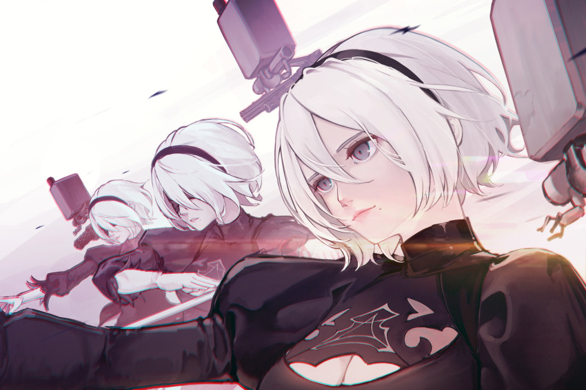 1girl 2b_(nier:automata) absurdres black_dress black_hairband blindfold blue_eyes breasts cleavage cleavage_cutout closed_mouth clothing_cutout dress gloves hair_between_eyes hairband hatski.sin highres juliet_sleeves long_sleeves medium_breasts mole mole_under_mouth nier:automata nier_(series) pink_lips pod_(nier:automata) puffy_sleeves robot short_hair sword turtleneck upper_body weapon white_hair