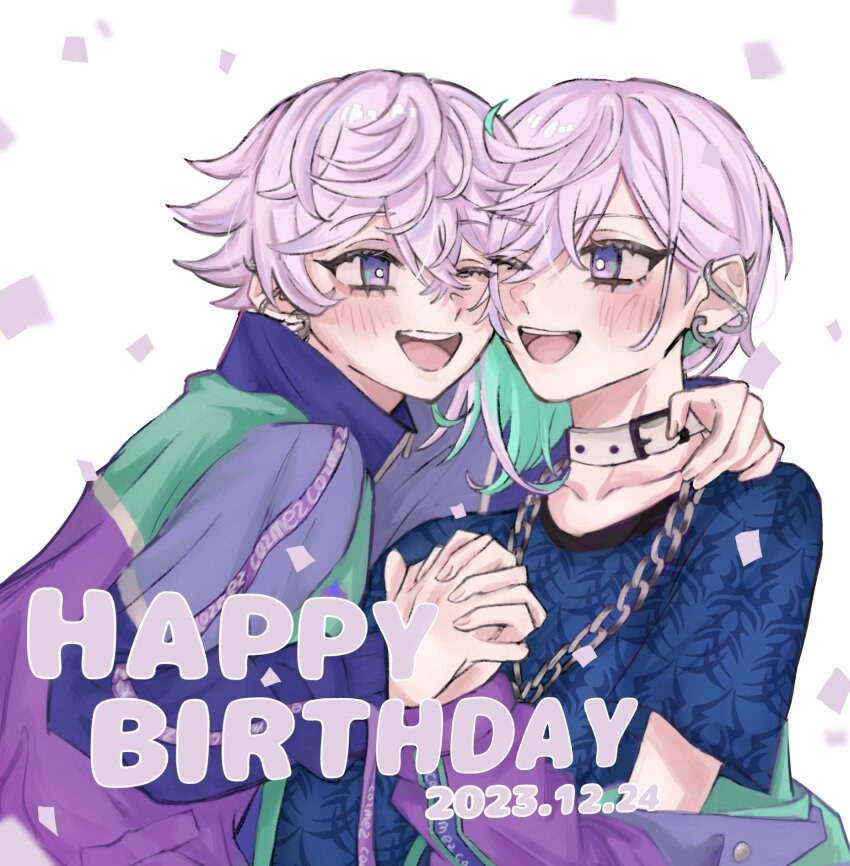 2023 2boys aqua_hair blush brothers cozmez_(paradox_live) dated happy_birthday highres holding_hands looking_at_viewer male_focus multicolored_hair multiple_boys one_eye_closed open_mouth paradox_live phantometal_(paradox_live) purple_eyes purple_hair siblings smile tamago_8222 teeth twins yatonokami_kanata yatonokami_nayuta