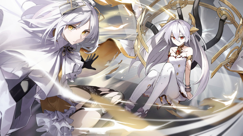 2girls alchemy_stars armlet ascot bare_shoulders black_gloves black_legwear black_sleeves bracelet burnt_clothes cape carleen_(alchemy_stars) closed_mouth commentary_request dress expressionless frilled_ascot frilled_dress frills garter_straps gloves hair_ornament highres jewelry korean_commentary light_particles long_hair looking_at_viewer medium_hair multiple_girls necklace orange_dress pantyhose red_eyes scar scar_on_arm scar_on_chest skindentation slashing star741 strapless strapless_dress thighhighs torn_clothes uriel_(alchemy_stars) white_ascot white_cape white_dress white_hair white_legwear wind yellow_eyes