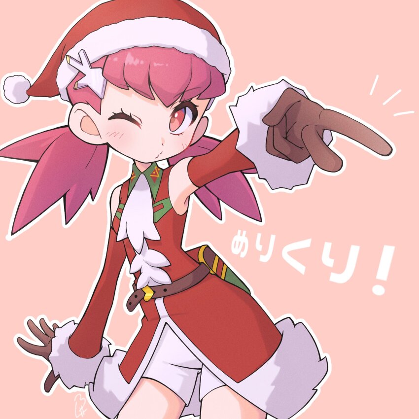 1girl antlers ascot bag bare_shoulders belt blowing_kiss blush brown_gloves coat collar contrapposto cowboy_shot detached_sleeves eyelashes fake_antlers fur-trimmed_headwear fur_trim gloves hair_ornament hat highres horns nintendo noi_(noi_pk27) one_eye_closed outstretched_arm pokemon pokemon_masters_ex pursed_lips red_coat red_eyes red_hair red_hat reindeer_antlers santa_hat satchel short_twintails shorts sleeveless sleeveless_coat solo twintails v white_shorts whitney_(holiday_2022)_(pokemon) whitney_(pokemon)