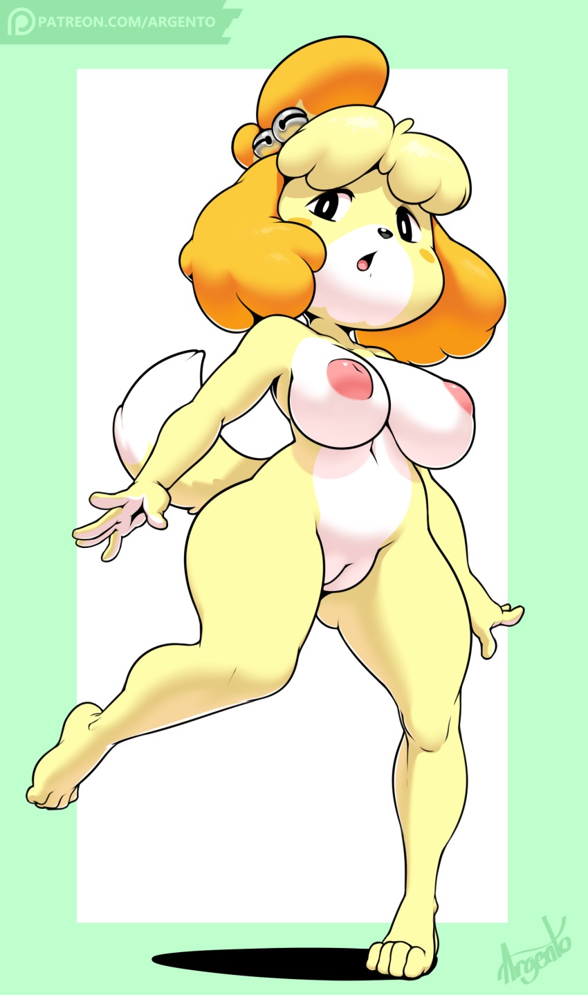 1girl absurdres animal_crossing animal_ears argento artist_name bell black_eyes blonde_hair blush blush_stickers border breasts cleft_of_venus collarbone dog_ears dog_tail feet female_focus full_body furry furry_female green_border hair_bell hair_ornament highres isabelle_(animal_crossing) large_breasts legs_apart logo looking_to_the_side navel nintendo nipples nude open_mouth patreon pussy short_hair signature simple_background solo standing standing_on_one_leg tail text_focus third-party_edit uncensored watermark web_address white_background
