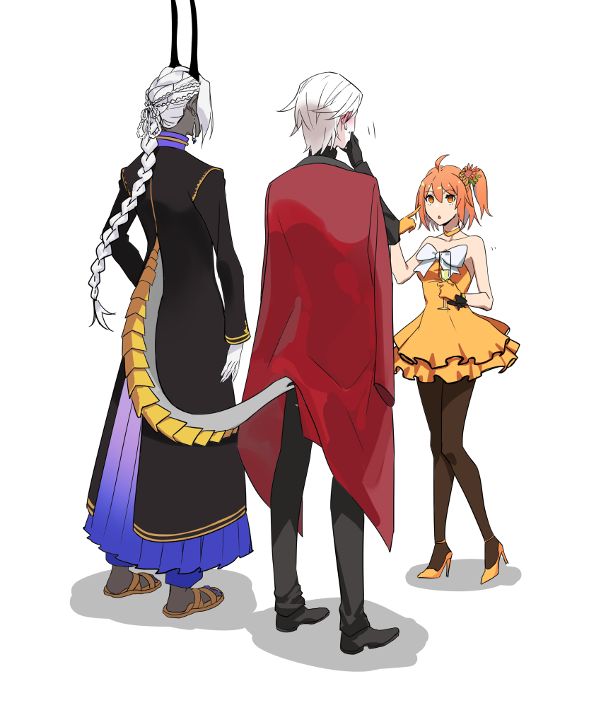 1girl 2boys 676643396dolce absurdres ahoge alternate_hairstyle arjuna_(fate) arjuna_alter_(fate) arjuna_alter_(festival_outfit)_(fate) bow braid cape dress dress_bow fate/apocrypha fate/grand_order fate_(series) formal_clothes fujimaru_ritsuka_(female) fujimaru_ritsuka_(female)_(starlight_fest) hair_slicked_back high_heels highres horns indian_clothes karna_(fate) karna_(formal_dress)_(fate) long_hair multiple_boys official_alternate_costume orange_dress orange_hair pantyhose pleated_skirt red_cape sandals side_ponytail skirt suit tail white_hair
