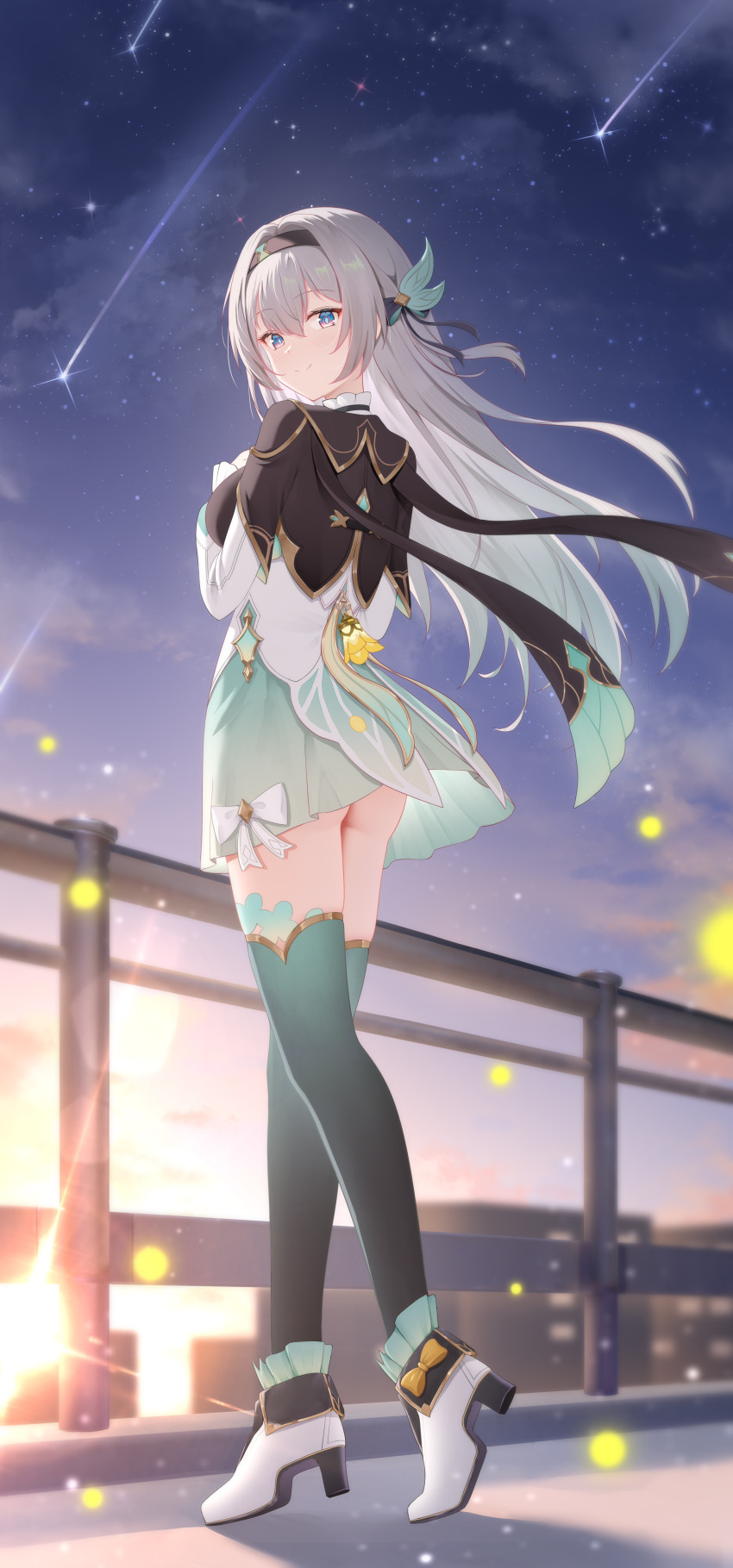 1girl absurdres ass black_jacket dawn doraski firefly_(honkai:_star_rail) from_behind full_body green_eyes green_skirt green_thighhighs highres honkai:_star_rail honkai_(series) jacket long_hair looking_back missing_commentary outdoors shirt shoes skirt solo standing star_(sky) sun thighhighs white_hair white_shirt white_shoes zettai_ryouiki