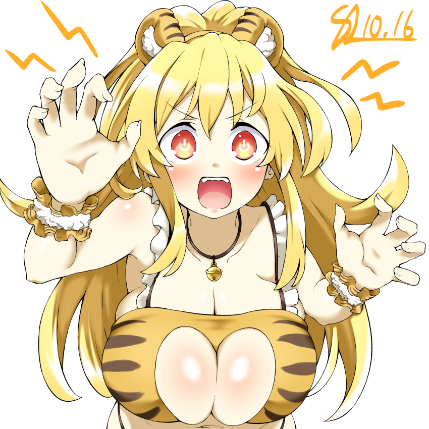 1girl :o absurdres alternate_costume animal_ears animal_print bare_shoulders bell blonde_hair blush breasts claw_pose cleavage cleavage_cutout clothing_cutout crop_top curly_hair frills from_above hair_between_eyes hands_up heart_cutout highres huge_breasts kami_jigen_game_neptune_v kurozero large_breasts leaning_forward long_hair looking_at_viewer navel neck_bell neptune_(series) orange_eyes power_symbol power_symbol-shaped_pupils sleeveless solo symbol-shaped_pupils teeth tiger_ears tiger_print upper_teeth_only very_long_hair yellow_eyes yellow_heart_(neptunia)