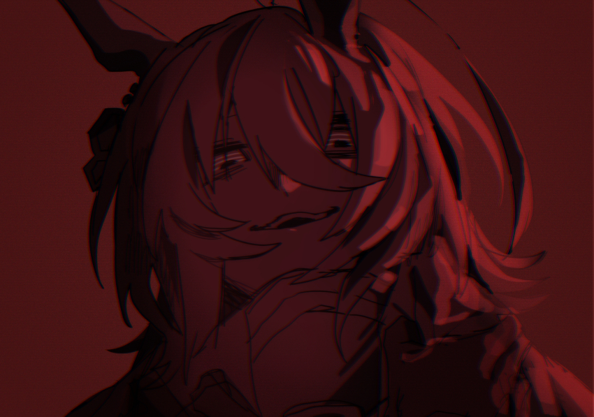 1girl absurdres agnes_tachyon_(umamusume) ahoge animal_ears chemical_structure earrings hair_between_eyes highres horse_ears horse_girl huge_ahoge jewelry looking_at_viewer medium_hair parted_lips red_background red_theme simple_background single_earring smile solo uma2_0429 umamusume