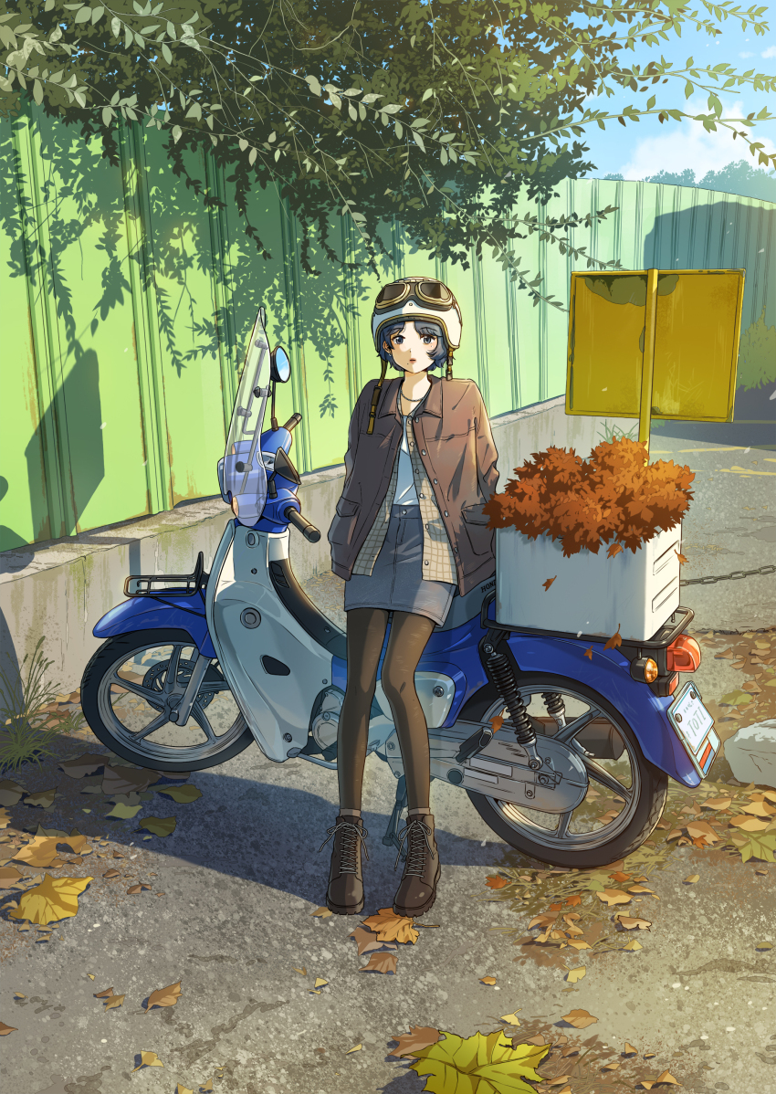 1girl absurdres autumn autumn_leaves black_boots boots box brown_jacket brown_pantyhose brown_shirt commentary day denim denim_skirt english_commentary full_body goggles goggles_on_head grey_eyes grey_hair helmet highres jacket jewelry leaf leaning_back leaning_on_object looking_at_viewer motor_vehicle motorcycle motorcycle_helmet necklace open_clothes open_jacket original outdoors pantyhose parted_lips plaid_clothes plaid_shirt shadow shirt short_hair skirt solo standing toti_(lanaq) unbuttoned white_shirt