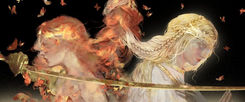 1boy 1girl amputee black_background blonde_hair braid brother_and_sister bug butterfly circlet elden_ring from_side gold_circlet hand_on_own_chest highres holding holding_sword holding_weapon insect lazebraa long_hair malenia_blade_of_miquella malenia_goddess_of_rot miquella_(elden_ring) portrait prosthesis red_hair siblings sword very_long_hair wavy_hair weapon yellow_eyes