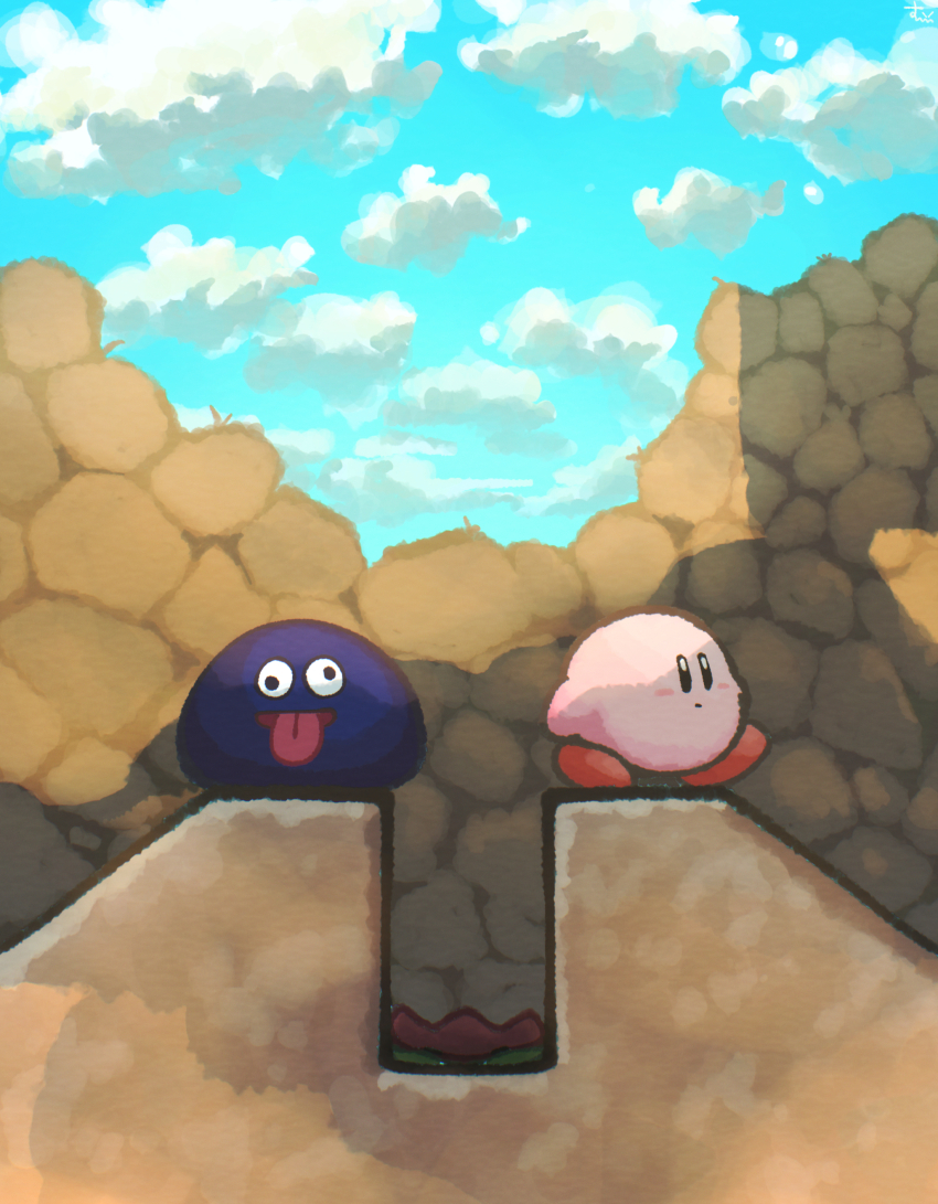 absurdres blue_skin blue_sky cloud colored_skin flower gooey_(kirby) highres kirby kirby&#039;s_dream_land_3 kirby_(series) looking_at_viewer nintendo no_humans sky solid_oval_eyes suyasuyabi tongue tongue_out tulip tulip_(kirby) wall-eyed