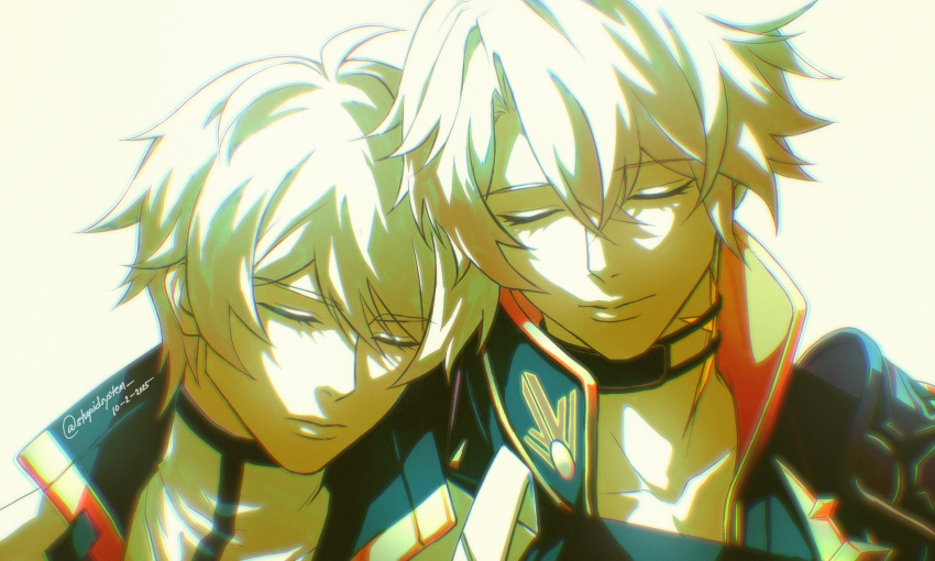 2boys ahoge alternate_universe armor black_choker choker closed_mouth coat collarbone collared_coat collared_jacket commentary curly_hair english_commentary hair_between_eyes head_tilt heads_together high_collar highres hino_satoshi honkai:_star_rail honkai_(series) honkai_impact_3rd in-franchise_crossover jacket kevin_kaslana luxi_(stupidsystem) mihoyo multiple_boys neck_tattoo open_clothes open_coat pectoral_cleavage pectorals phainon_(honkai:_star_rail) shade short_hair shoulder_armor sleeping sun_symbol sun_tattoo tan tattoo twitter_username voice_actor_connection