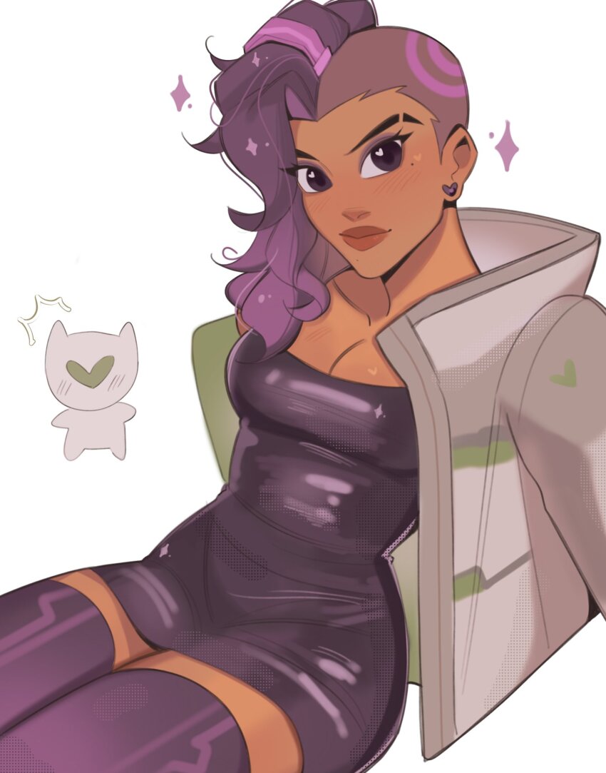 1girl blush breasts brown_lips cable_hair chibi cleavage closed_mouth cyborg dark-skinned_female dark_skin dress earrings eyebrow_cut genji_(overwatch) heart heart_earrings highres jacket jewelry kaiwankon looking_at_viewer mechanical_head medium_breasts mole mole_under_eye open_clothes open_jacket overwatch purple_dress purple_eyes purple_hair purple_thighhighs simple_background sitting skin_tight solo sombra_(overwatch) strapless strapless_dress thighhighs tight_clothes tight_dress tube_dress undercut white_background white_jacket