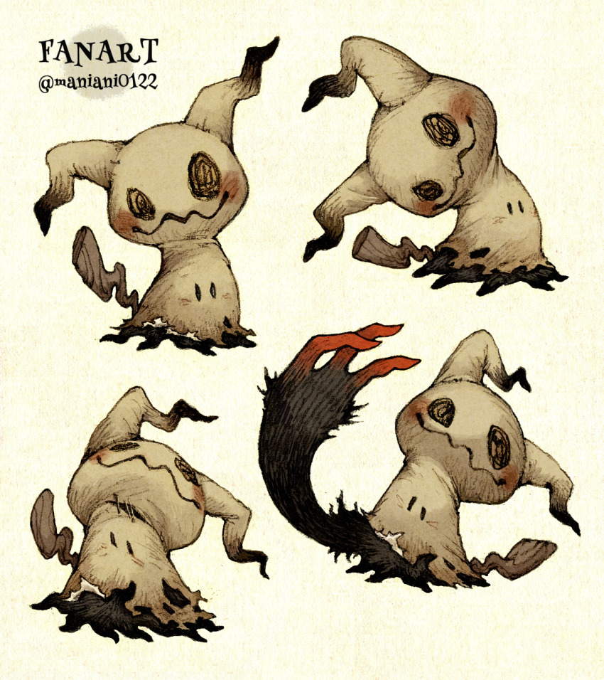 alternate_color blush character_name disguise full_body gen_7_pokemon head_tilt highres looking_at_viewer maniani mimikyu multiple_views nintendo no_humans pokemon pokemon_(creature) shiny_pokemon simple_background solid_oval_eyes tail twitter_username