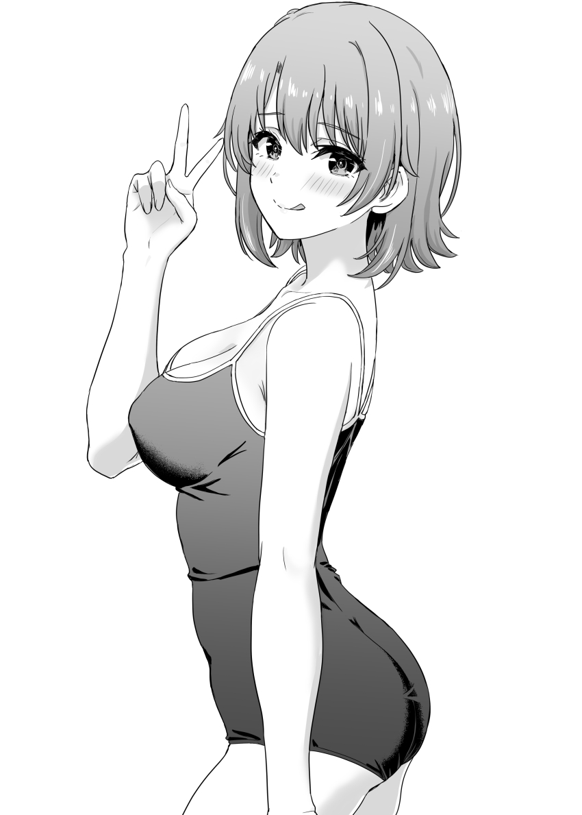 1girl absurdres ass blush breasts cleavage closed_mouth commentary cowboy_shot from_side greyscale hand_up highres inanaki_shiki isshiki_iroha looking_at_viewer medium_breasts monochrome one-piece_swimsuit school_uniform short_hair simple_background solo swimsuit tongue tongue_out v white_background yahari_ore_no_seishun_lovecome_wa_machigatteiru.