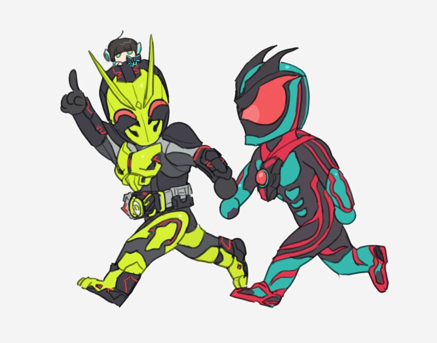 1girl android antennae armor bbbb_fex belt black_hair blue_eyes bodysuit bow bug chibi gloves glowing glowing_eyes grasshopper green_armor green_eyes helmet hiden_zero-one_driver humagear_headphones insect is_(kamen_rider_01) jacket kamen_rider kamen_rider_01_(series) kamen_rider_zero-one kamen_rider_zeztz kamen_rider_zeztz_(series) long_sleeves looking_at_viewer male_focus multicolored_hair multiple_boys power_armor red_eyes reiwa rider_belt robot_ears short_hair simple_background tokusatsu white_jacket