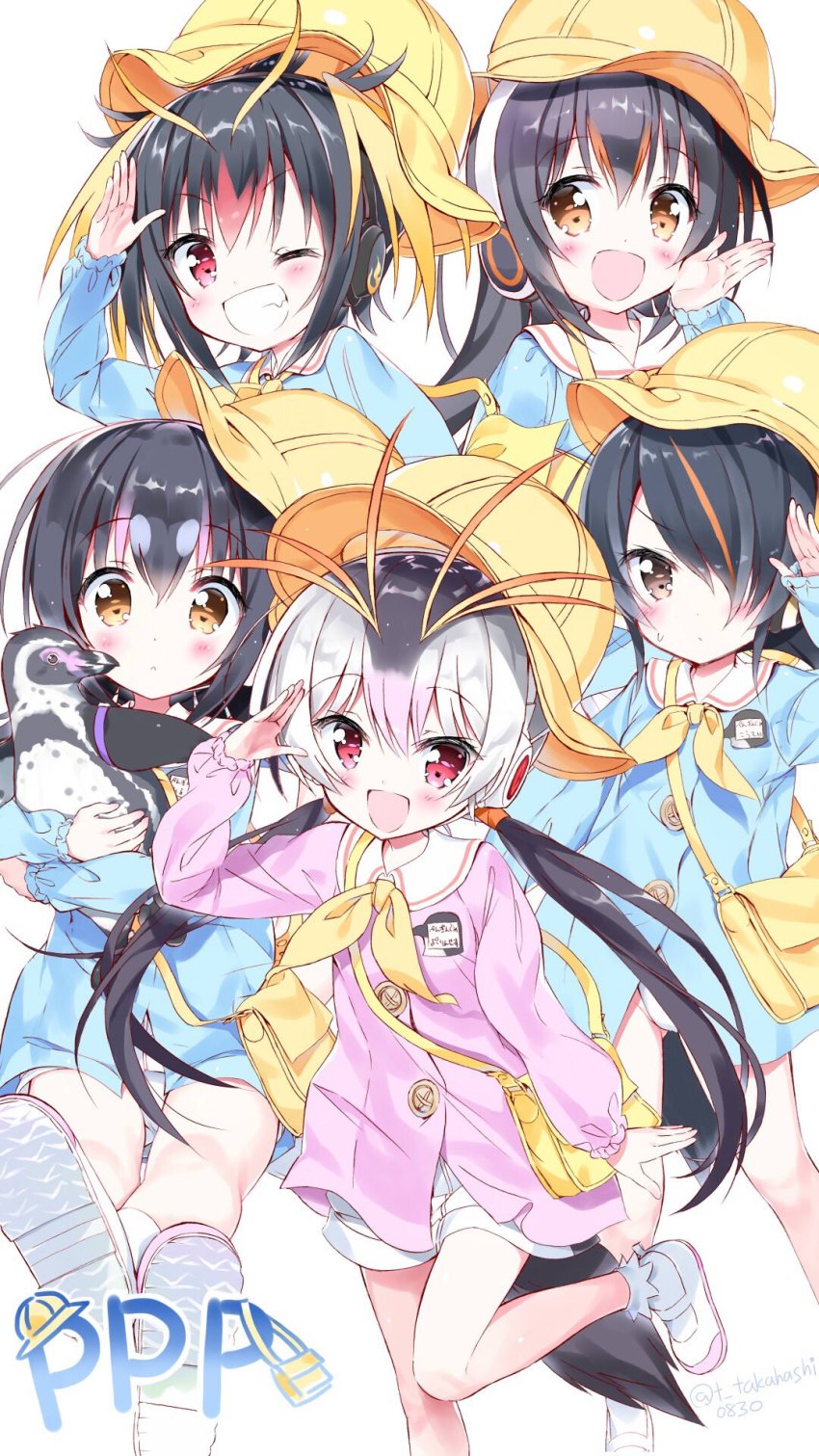 1boy 5girls arm_up bag bird black_hair blue_shirt blush brown_eyes commentary_request emperor_penguin_(kemono_friends) gentoo_penguin_(kemono_friends) grape-kun grin hair_over_one_eye hand_to_own_mouth hat headphones highres hug humboldt_penguin_(kemono_friends) kemono_friends kindergarten_uniform leg_up crossed_legs leotard leotard_under_clothes long_hair low_twintails mary_janes multiple_girls no_pants one_eye_closed open_mouth penguin penguin_tail penguins_performance_project_(kemono_friends) pink_shirt red_eyes rockhopper_penguin_(kemono_friends) royal_penguin_(kemono_friends) salute shirt shoes short_hair simple_background sitting skirt smile socks standing standing_on_one_leg tail takahashi_tetsuya twintails white_background white_footwear white_leotard white_skirt yellow_headwear