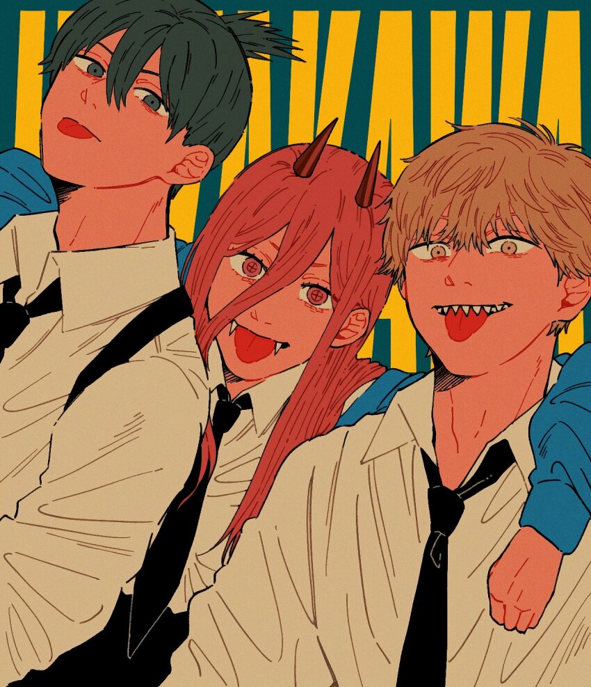 1girl 2boys arm_around_shoulder black_hair black_necktie blonde_hair blue_jacket brown_eyes brown_hair chainsaw_man chest_belt collared_shirt cross-shaped_pupils denji_(chainsaw_man) fangs hair_between_eyes hayakawa_aki highres jacket llq9ull long_hair looking_at_viewer multiple_boys necktie power_(chainsaw_man) sharp_teeth shirt short_hair smile symbol-shaped_pupils teeth tongue tongue_out topknot white_shirt yellow_eyes
