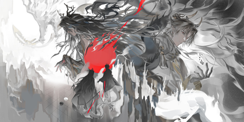 2boys absurdres arknights black_gloves black_hair board_game chess chongyue_(arknights) closed_mouth coat dragon_horns dragon_tail gloves go_(board_game) gongzuotianxiadiyi highres holding horns long_hair looking_afar male_focus multiple_boys multiple_views pants red_eyes standing tail tassel wang_(arknights) white_pants
