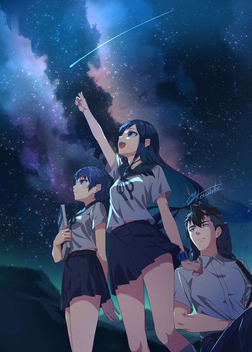 1boy 2girls alternate_costume aoyama_ryuusei arm_up bag black_hair black_ribbon black_sailor_collar black_skirt blue_eyes blue_hair blue_hairband book cevio closed_mouth collared_shirt commentary constricted_pupils dress_shirt feet_out_of_frame floating_hair from_below futaba_minato hairband highres holding holding_book holding_strap long_hair looking_up matching_outfits midriff_peek milky_way mountainous_horizon multiple_girls neck_ribbon night night_sky open_mouth outdoors outstretched_arm pointing pointing_up profile ribbon sailor_collar school_uniform serafuku shirt shooting_star short_hair short_sleeves shoulder_bag signature sitting skirt sky smartwatch smile standing star_(sky) starry_sky suzuki_tsudumi symbol-only_commentary voicevox watch white_shirt wristwatch yanagita_kousuke
