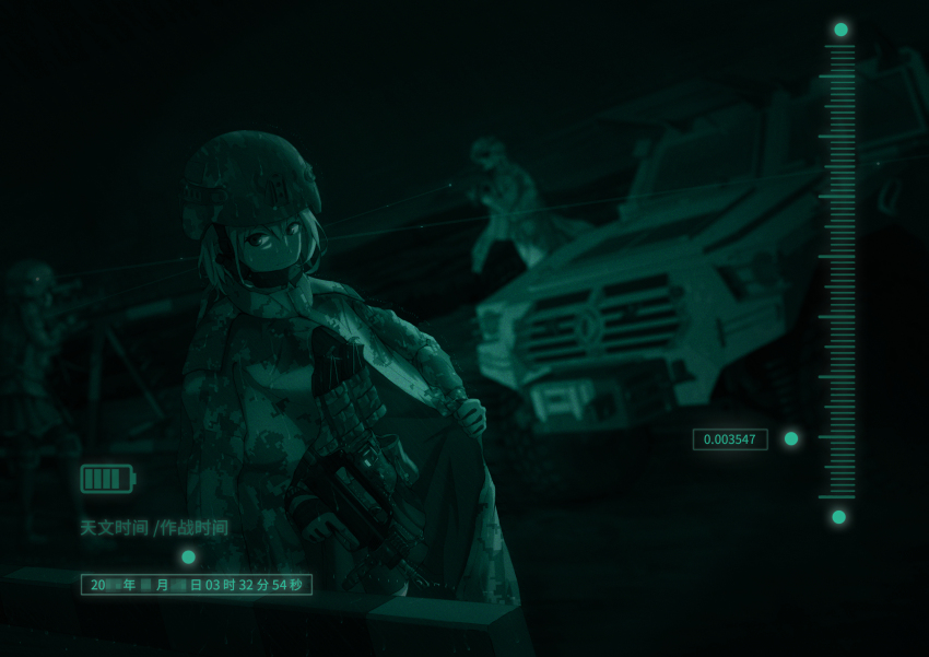 3girls absurdres aiming armored_vehicle assault_rifle battery blur_censor bullpup camouflage camouflage_coat censored chinese_text coat cs/vp22 db1s green_theme gun heads-up_display helmet highres holding holding_weapon knee_pads load_bearing_vest mexican_standoff military_combat_uniform military_uniform military_vehicle mine-resistant_ambush_protected_vehicle motor_vehicle multiple_girls original patch people&#039;s_liberation_army pleated_skirt qbz-95 rain raincoat rifle road roadblock skirt solo_focus user_interface variant_set weapon