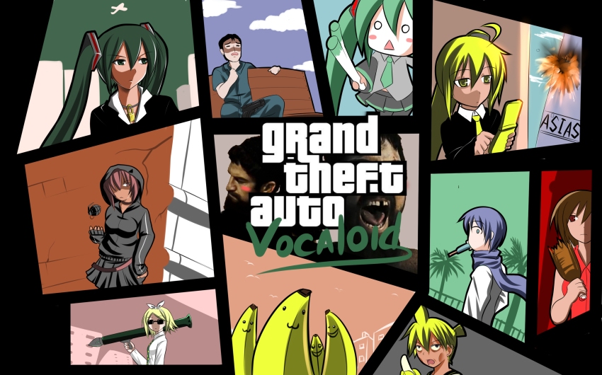 300_(movie) abe_takakazu ahoge akita_neru banana bench blonde_hair blue_hair bottle catstudioinc_(punepuni) cellphone chibi chibi_miku copyright_name crossover explosion explosive food fruit grand_theft_auto green_hair grenade gun handgun hatsune_miku highres kagamine_len kagamine_rin kaito_(vocaloid) kuso_miso_technique leonidas m1_bazooka megurine_luka meiko_(vocaloid) multiple_boys multiple_girls necktie parody phone pistol popsicle rocket_launcher rockstar scarf spring_onion teeth triangle_mouth vocaloid weapon yaranaika