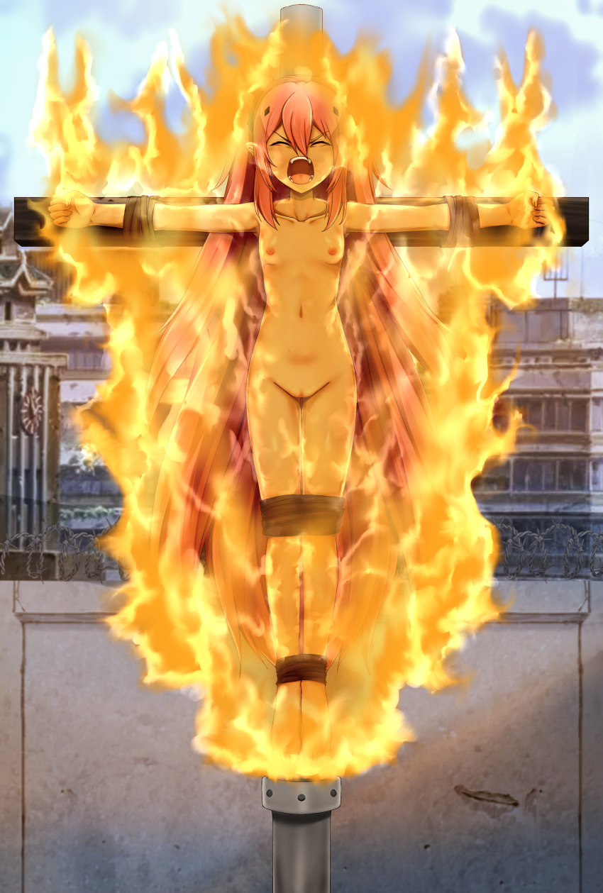 absurdres burning crucifixion highres krul_tepes missil_art_(pixiv) nude owari_no_seraph pink_hair red_eyes