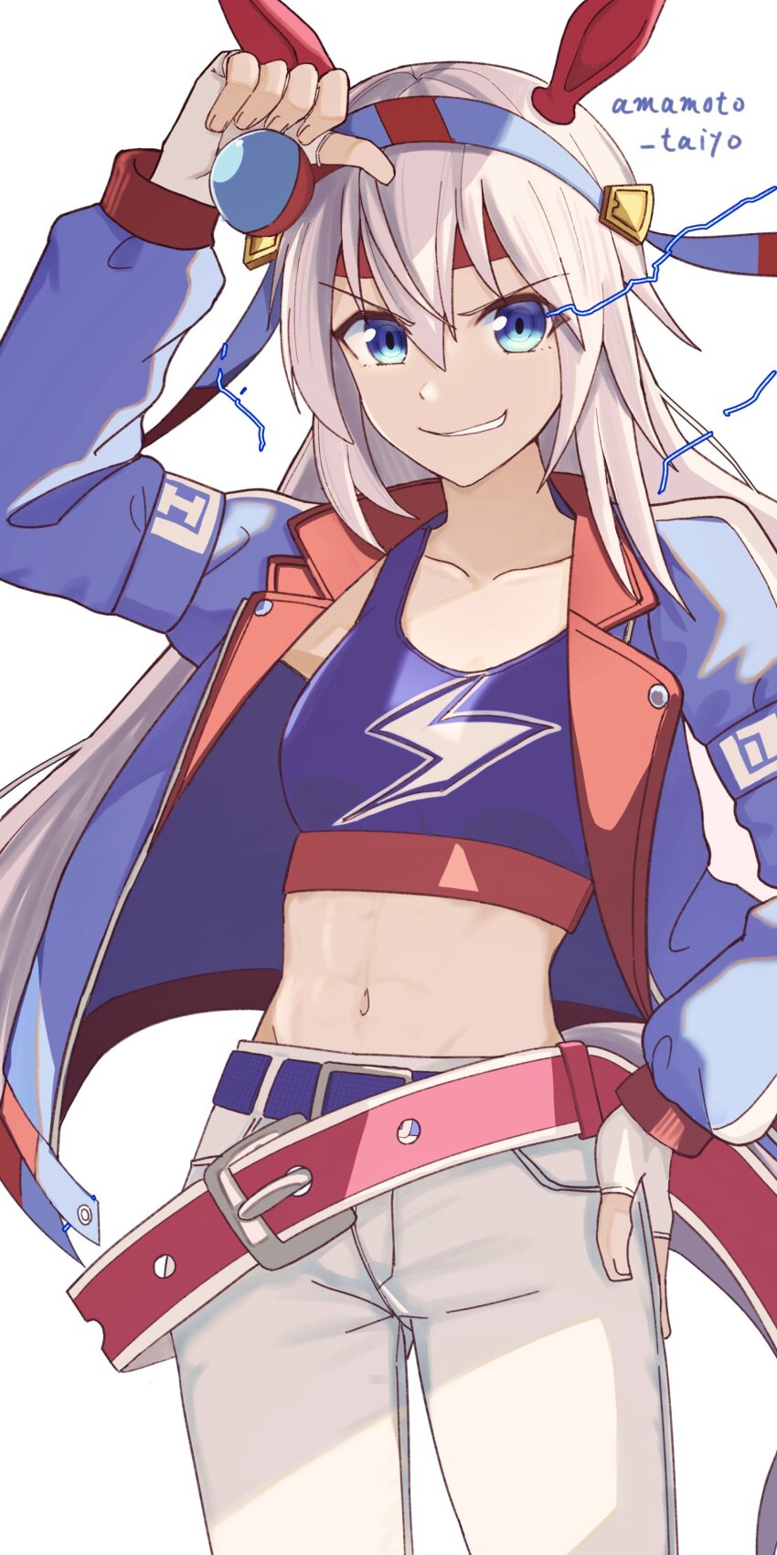 1girl absurdres animal_ears belt blue_eyes blue_hairband blue_jacket blue_sports_bra breasts collarbone crop_top ear_covers ear_ornament fingerless_gloves gloves grey_hair grey_tail grin hair_between_eyes hairband headband highres horse_ears horse_girl horse_tail jacket lightning_bolt_print lightning_bolt_symbol long_hair long_sleeves looking_at_viewer midriff navel pants parted_lips red_belt red_headband smile solo sports_bra striped_clothes striped_hairband tail taishou_(yzkt3453) tamamo_cross_(umamusume) tamamo_cross_(with_lightning_speed)_(umamusume) umamusume very_long_hair white_pants
