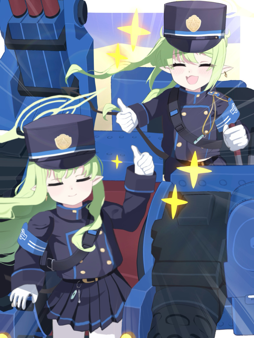 2girls absurdres arm_up armband black_tail blue_archive blue_armband buttons closed_eyes commentary_request demon_tail double-breasted earrings gloves green_hair green_halo halo hat highres hikari_(blue_archive) homulily jewelry lever long_hair long_sleeves multiple_girls nozomi_(blue_archive) pantyhose peaked_cap pleated_skirt pointy_ears siblings sidelocks single_earring sisters skirt sparkle tail thumbs_up twins twintails white_gloves white_pantyhose