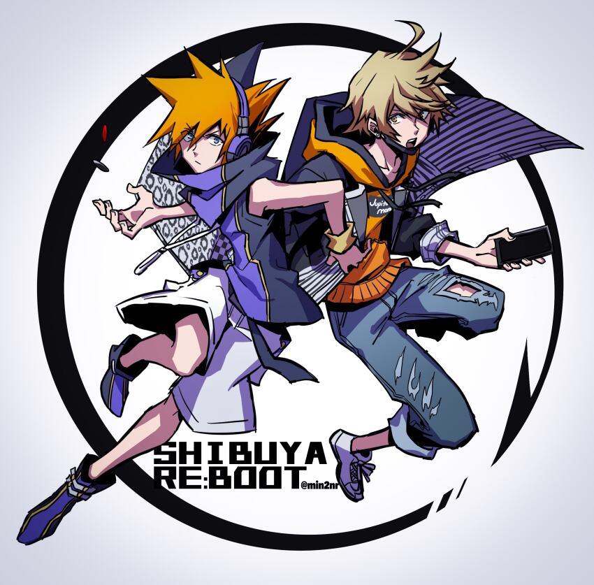 2boys absurdres black_jacket black_shirt black_shoes blonde_hair cellphone denim eme_(204) headphones highres holding holding_phone hood hoodie jacket jeans kanade_rindo medium_hair multicolored_shoes multiple_boys orange_hair orange_hoodie pants phone pin purple_eyes purple_headphones purple_shirt purple_shoes sakuraba_neku shin_subarashiki_kono_sekai shirt shoes shorts signature sleeveless sleeveless_shirt smartphone spiked_hair subarashiki_kono_sekai torn_clothes torn_jeans torn_pants two-tone_shirt two-tone_shoes white_shoes white_shorts yellow_eyes