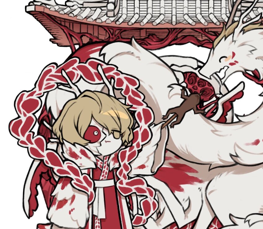 1boy architecture arm_up blonde_hair blood chinese_clothes coat dragon dragon_wings east_asian_architecture eastern_dragon eastern_dragon_horns frog hagoromo hanfu horns limbus_company pout project_moon red_hanfu shawl simple_background sinclair_(project_moon) skewer solo tears_of_the_tarnished_blood_(e.g.o) white_background white_coat white_horns wings yellow_eyes yinglong_(project_moon) zeremi0102