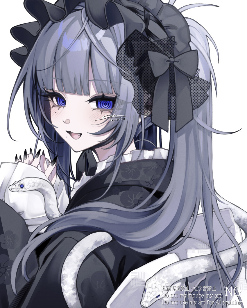 1girl 402_(o0_xxx) :d @_@ absurdres animal animal_on_shoulder black_bonnet black_kimono black_nails blue_eyes blunt_bangs blush bonnet commentary dated_commentary fang floral_print floral_print_kimono frilled_bonnet frilled_kimono frills from_side goth_fashion grey_hair highres japanese_clothes kimono long_hair long_sleeves looking_at_viewer open_mouth original own_hands_together print_kimono sleeves_past_wrists smile snake snake_on_shoulder solo twintails upper_body very_long_fingernails watermark white_background white_snake