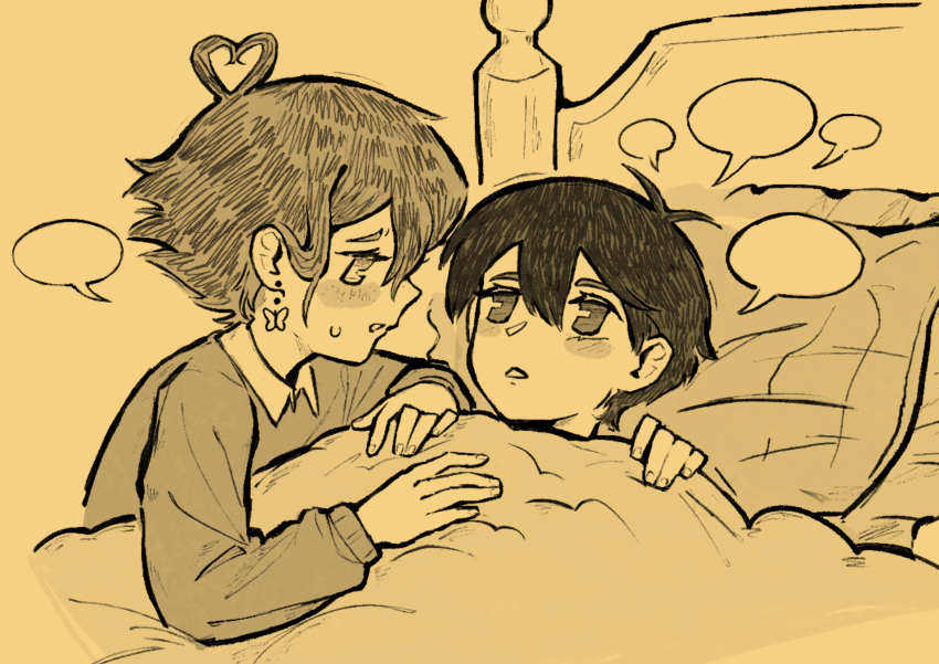 2boys alternate_costume antenna_hair basil_(faraway)_(omori) basil_(omori) blank_speech_bubble butterfly_earrings collared_shirt earrings greyscale head_on_pillow heart_antenna_hair highres jewelry long_sleeves looking_at_another male_focus monochrome multiple_boys omori on_bed open_mouth pillow shirt shirt_under_sweater short_hair speech_bubble sunny_(omori) sweater ullilya1 under_covers