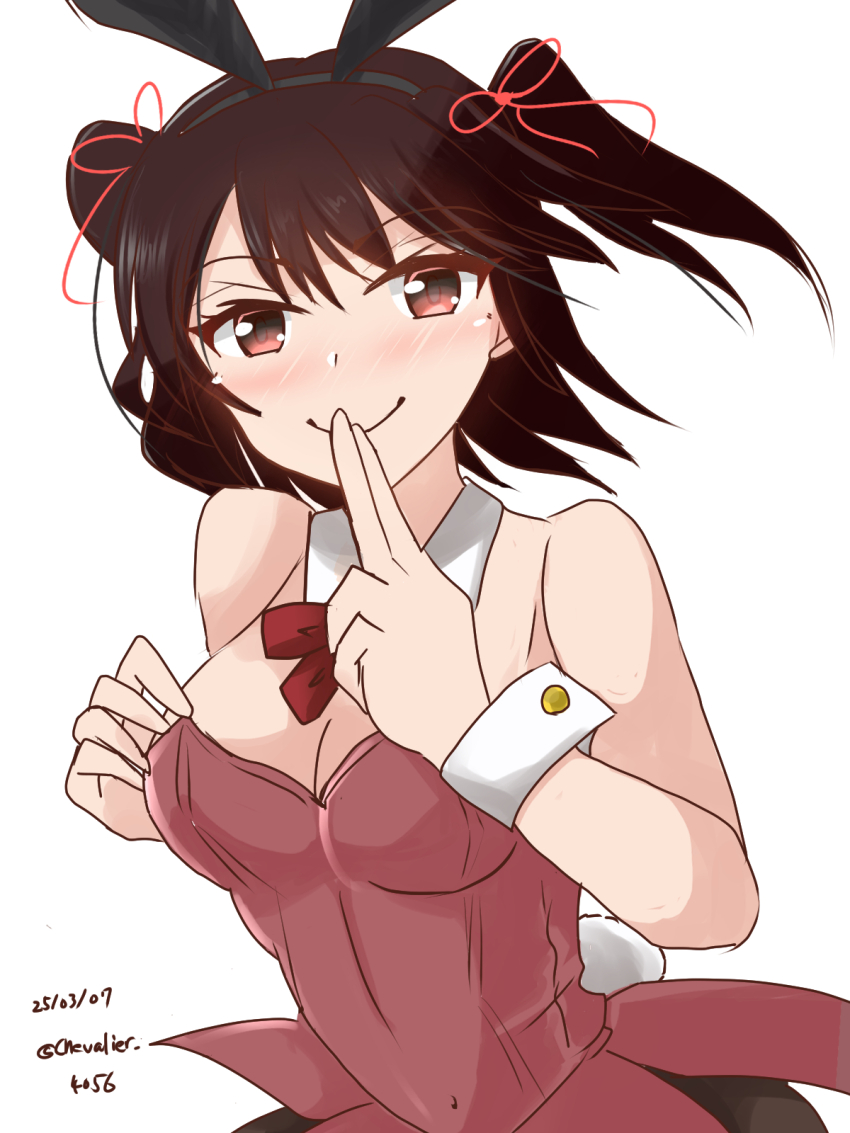 1girl animal_ears black_skirt breasts brown_eyes brown_hair dated detached_collar fake_animal_ears highres kantai_collection leotard looking_at_viewer medium_breasts playboy_bunny rabbit_ears red_leotard sawatani_(chevalier_04056) sendai_(kancolle) short_hair skirt smile strapless strapless_leotard twitter_username two_side_up upper_body wrist_cuffs