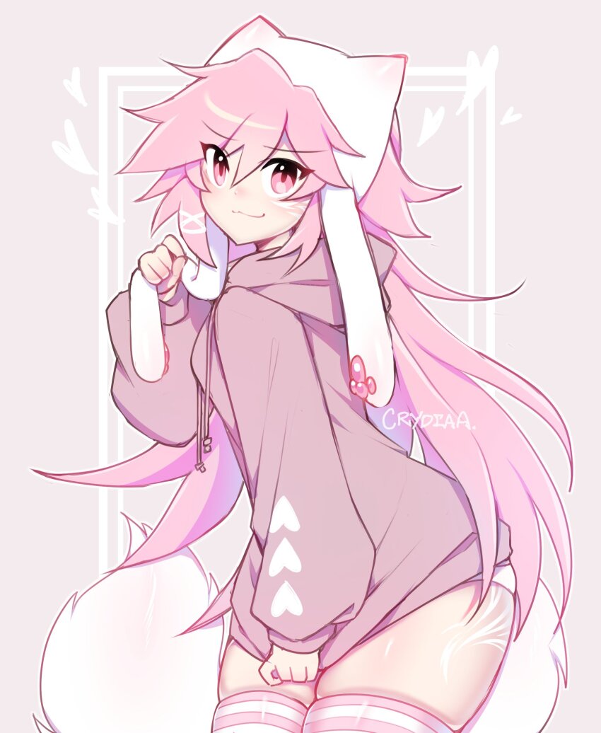 1girl :3 cry_(crydiaa) crydiaa_(artist) facial_tattoo heart highres hood hoodie indie_virtual_youtuber long_hair original pink_hair pink_hoodie pointy_hair striped_clothes striped_thighhighs tail tattoo thick_thighs thighhighs thighs