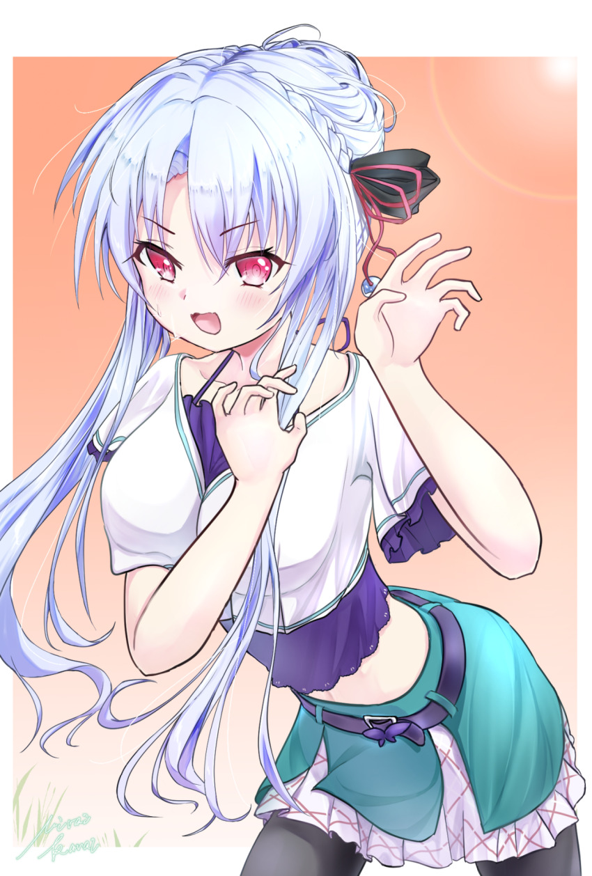 1girl aqua_skirt black_thighhighs blue_hair blush border braid camisole cropped_shirt crown_braid hair_bun hair_ornament hand_up highres looking_at_viewer miraikanai open_mouth outside_border purple_camisole red_eyes sailor_collar shirt short_hair_with_long_locks signature single_hair_bun skirt solo sorakado_ao summer_pockets thighhighs white_border white_sailor_collar white_shirt