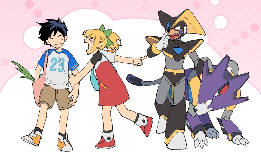 &gt;_&lt; 1girl 2boys absurdres android armor bag bass_(mega_man) black_armor black_hair black_helmet blonde_hair blue_shirt brown_shorts chest_jewel closed_eyes commentary_request dress facial_mark forehead_jewel helmet high_ponytail highres hooded_dress long_hair mega_man_(character) mega_man_(classic) mega_man_(series) mega_man_11 multicolored_shirt multiple_boys non-humanoid_robot number_print official_alternate_costume pink_background ponytail print_shirt red_dress red_eyes robot robot_animal robot_dog robot_dragon roll_(mega_man) sandlake shirt shopping_bag short_hair shorts t-shirt tears tongue tongue_out treble_(mega_man) white_shirt