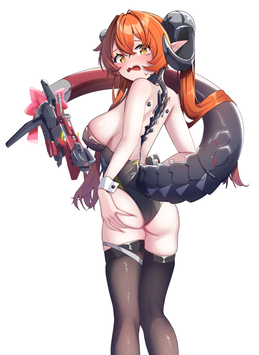 1girl absurdres ass bare_back black_horns black_leotard black_thighhighs breasts comaya commentary_request curled_horns from_behind green_eyes hair_between_eyes highres horns leotard long_hair looking_at_viewer looking_back magus_(zenless_zone_zero) mechanical_spine medium_breasts open_mouth orphie_magnusson pointy_ears red_hair red_pupils sideboob simple_background solo standing tail tears thighhighs twintails wavy_mouth white_background zenless_zone_zero