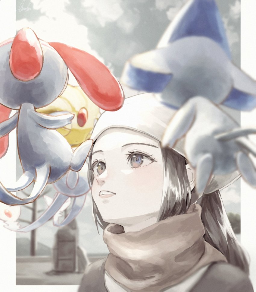 1girl akari_(pokemon) azelf black_hair close-up commentary_request etsuko_pkmn floating gen_4_pokemon hat headscarf highres legendary_pokemon mesprit muted_color nintendo outside_border pokemon pokemon_(creature) pokemon_legends:_arceus ponytail scarf solo_focus teeth uxie white_headscarf