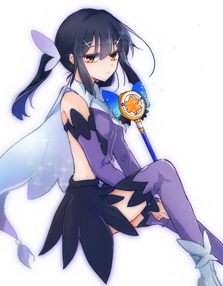1girl backless_leotard bare_shoulders black_hair black_skirt boots cape detached_sleeves expressionless fate/kaleid_liner_prisma_illya fate_(series) feet_out_of_frame from_side hair_between_eyes hair_ornament highres invisible_chair knee_up leotard looking_at_viewer magical_girl magical_sapphire miyu_edelfelt miyu_edelfelt_(magical_girl) purple_leotard purple_sleeves purple_thighhighs saihara showgirl_skirt sidelocks simple_background sitting skirt solo thighhighs twintails white_background white_boots white_cape x_hair_ornament yellow_eyes