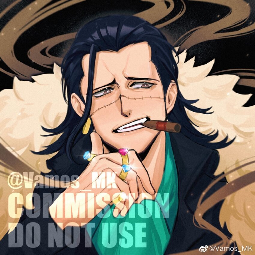 1boy ascot black_background black_coat black_hair blue_ascot brown_eyes cigar coat commission crocodile_(one_piece) earrings fur-trimmed_coat fur_trim hair_slicked_back jewelry male_focus mature_male one_piece portrait ring stitched_face stitches teeth vamos_mk