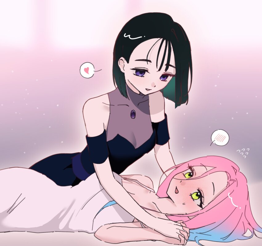 2girls alien_stage black_dress black_hair black_sleeves blue_hair blush bob_cut commentary detached_sleeves dress flying_sweatdrops heart highres holding_hands interlocked_fingers lying mizi_(alien_stage) multicolored_hair multiple_girls on_back open_mouth oracc_liu pink_hair purple_eyes short_hair short_sleeves sleeveless sleeveless_dress spoken_blush spoken_heart sua_(alien_stage) symbol-only_commentary two-tone_hair white_dress yellow_eyes yuri