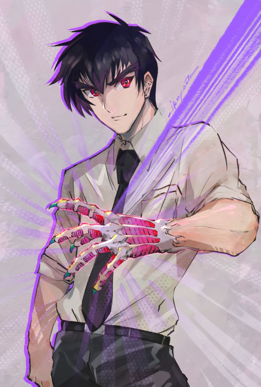 1boy absurdres belt black_hair black_necktie claws green_nails hair_between_eyes highres ikuyoan jigoku_sensei_nube male_focus nail_polish necktie neckwear_request nueno_meisuke signature sleeves_rolled_up solo