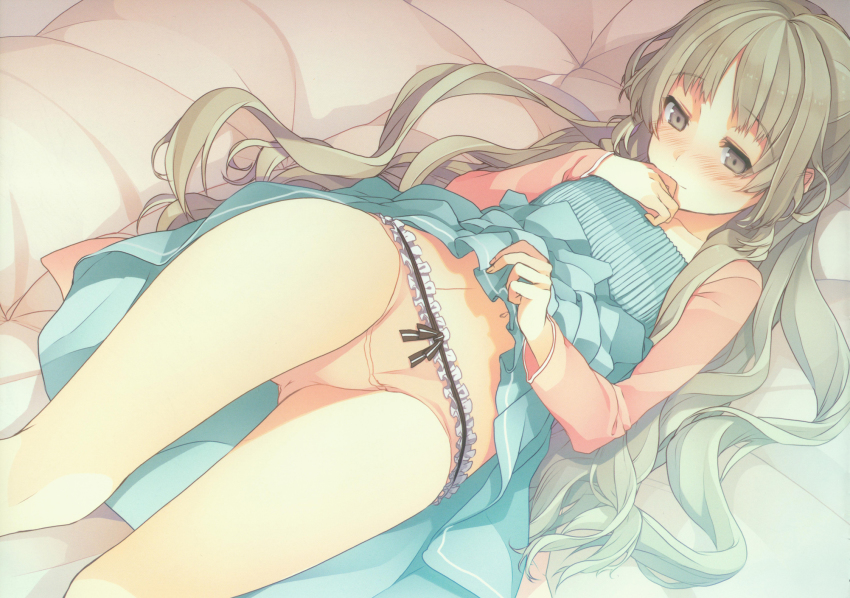 10s 1girl akinashi_yuu blush brown_eyes brown_hair clothes_lift female_focus highres kiba_mifuyu koi_to_senkyo_to_chocolate long_hair lying on_back panties pink_panties skirt skirt_lift smile solo underwear upskirt very_long_hair